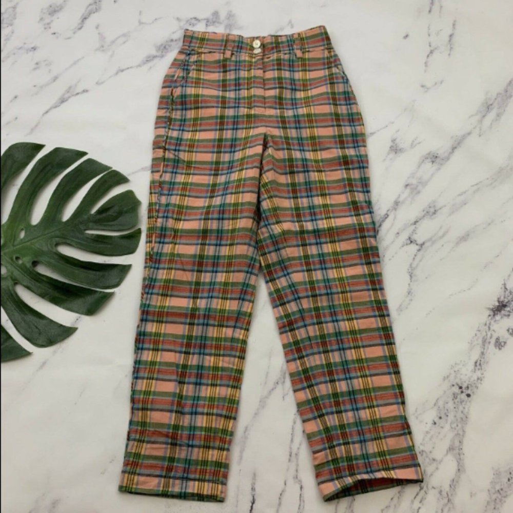 J.Crew High Rise Straight Leg Pant Size 0 Pink Green Ribbon Plaid Cotton - Picture 1 of 4